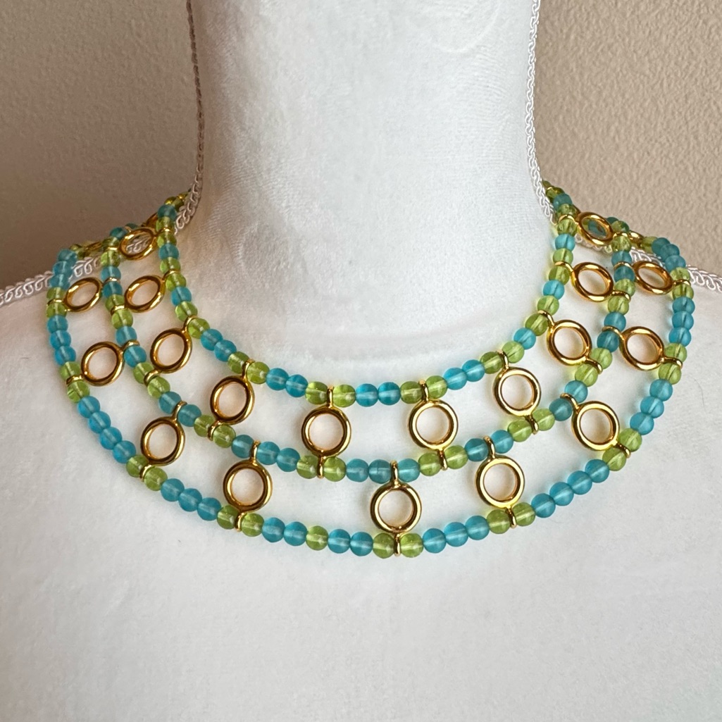 Givenchy Vintage Beaded Collar Necklace Modernist Discs Blue Green Beads